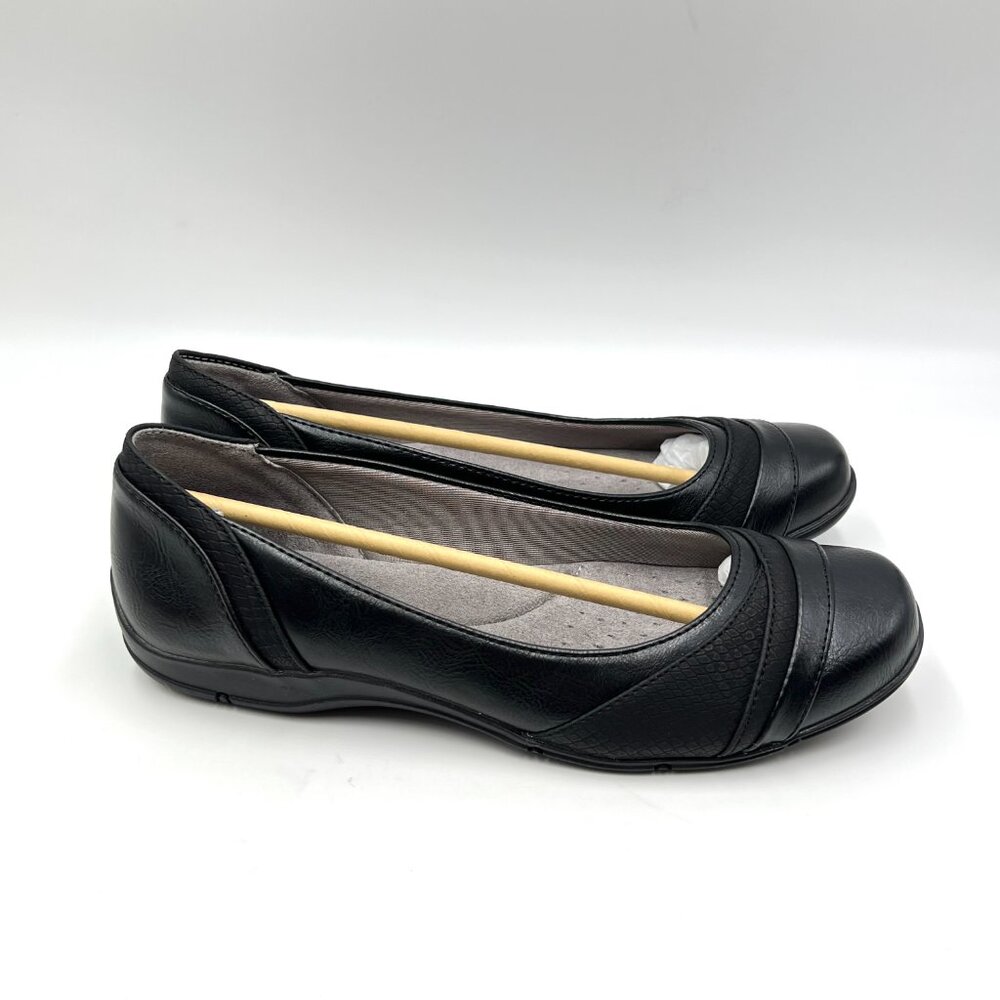 Lifestride Womens 6.5 Dig Black Vegan Leather Slip On Ballet Flats Shoes